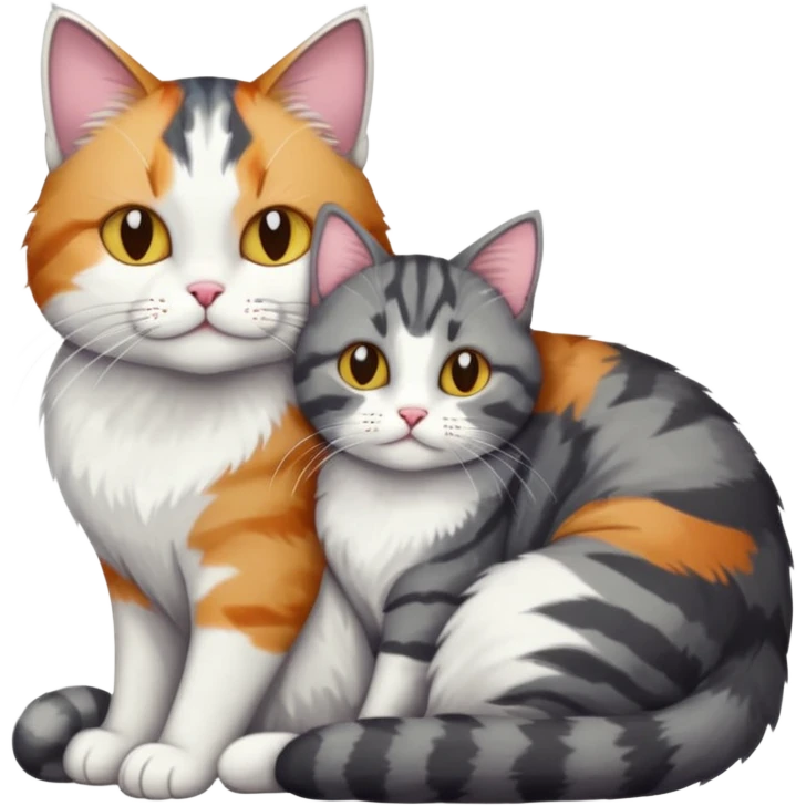 full body colourful light patched calico + white tabby cat cuddling a bigger cat that is dark grey and white tabby cat  and they are in love emoji