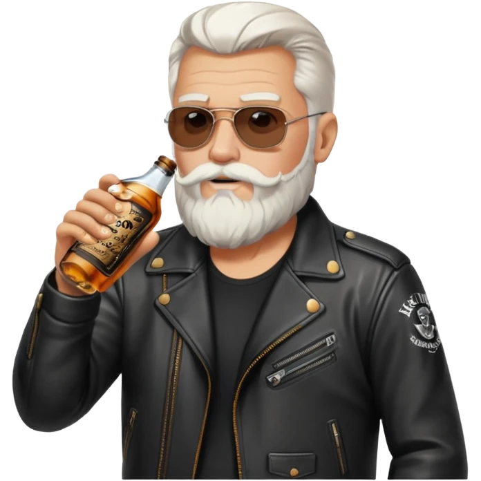 Un motero de barba blanca, chupa de cuero y bebiendo de una botella de Jack Daniel's. emoji