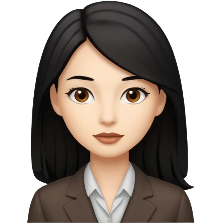 a woman with office outfits her hair is long black hair, her eyes are soft brown color and the color of her lip is soft brown emoji