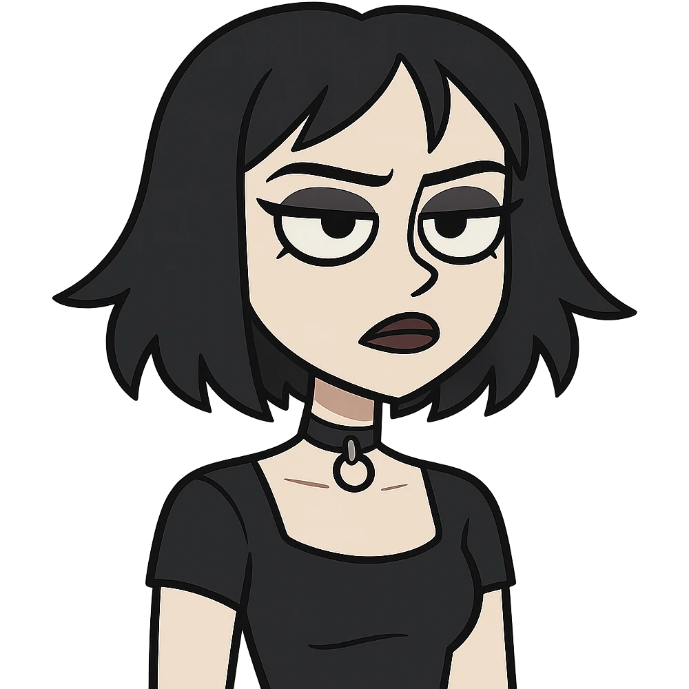 goth girl, pale skin, black hair, dark makeup, choker, moody expression, modern cartoon style emoji