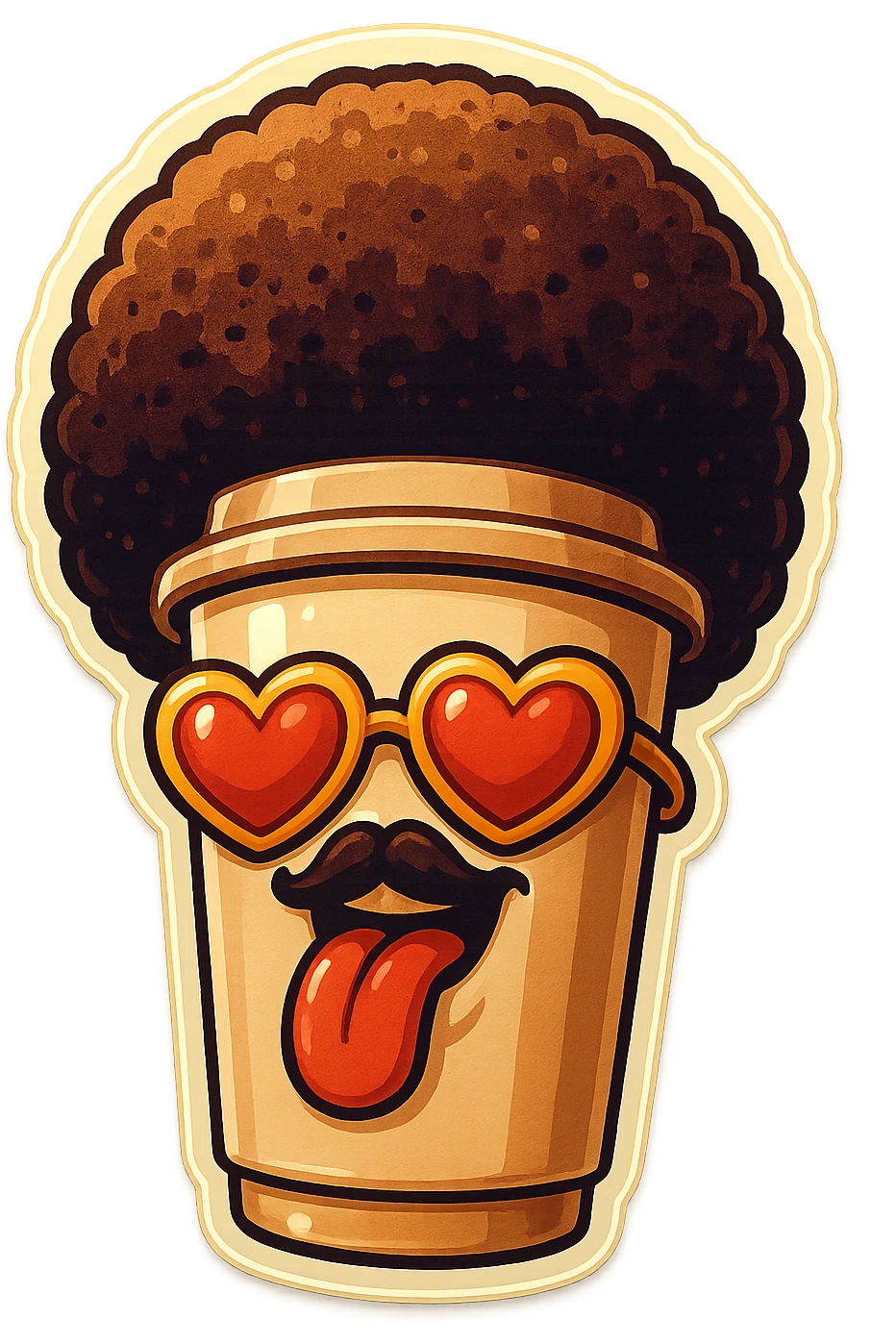 Tall coffee cupp, afro, heart glasses, big heart eyes, tounge rolled out emoji