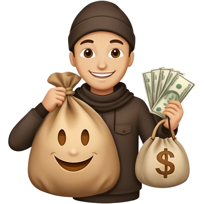 happy thief with a money bag and a big smile emoji
