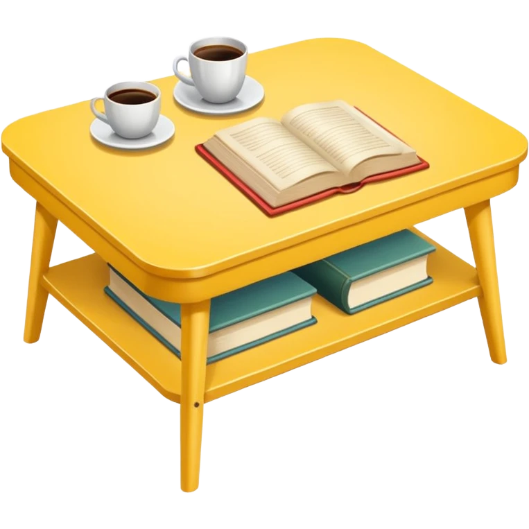 yellow coffe table, coffee on top, books under table
 emoji