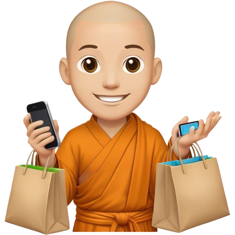 monk shopping, with bags of stuff he bought, smiling, with his iphone in another hand emoji