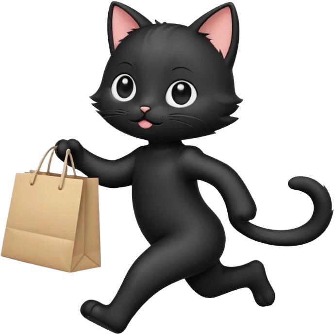 A cute chibi-style black cat emoji in side view like 🏃, running on two legs while holding a shopping bag. Short limbs, small body proportions (SD character style), round head, big expressive eyes, minimalist emoji design, soft colors, vector look. emoji