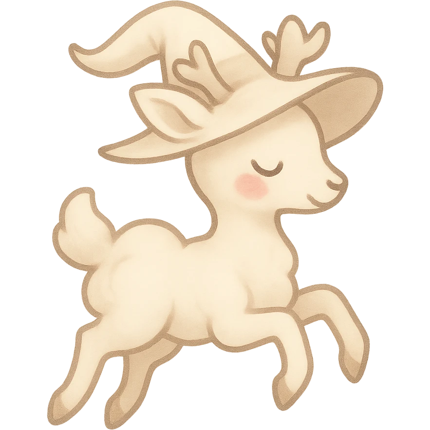 vanilla-colored cloud doe with rosy cheeks, floating gracefully with witch-like elegance, whimsical and soft, designed as a brand identity mascot for social media emoji