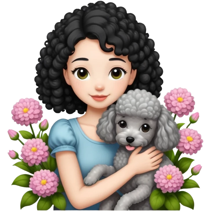 A beautiful girl with black ponytail and short sleeves happily hugs a gray curly poodle in the flowers emoji