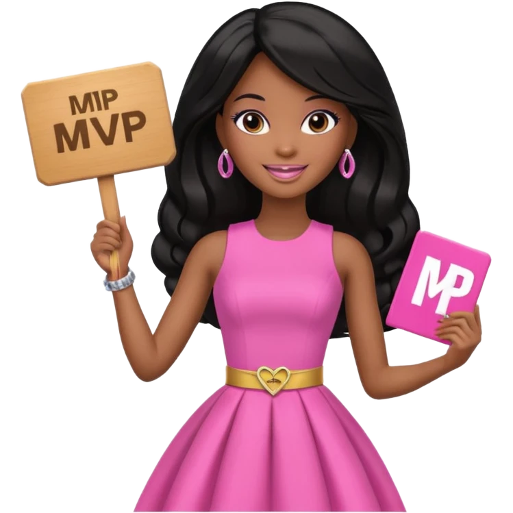 Black barbie, long black  hair, pink dress holding mvp sign  emoji