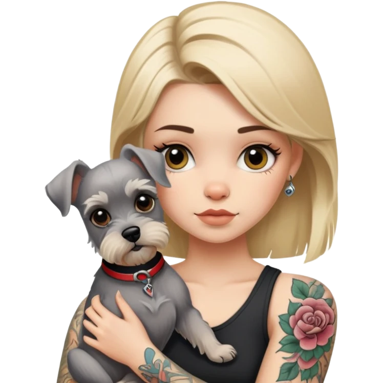 The blond girl with tattoos is holding a Schnauzer emoji