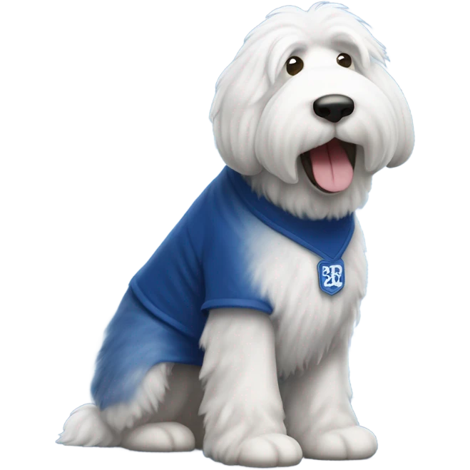 Old English Sheepdog full height wearing a dodgers shirt emoji