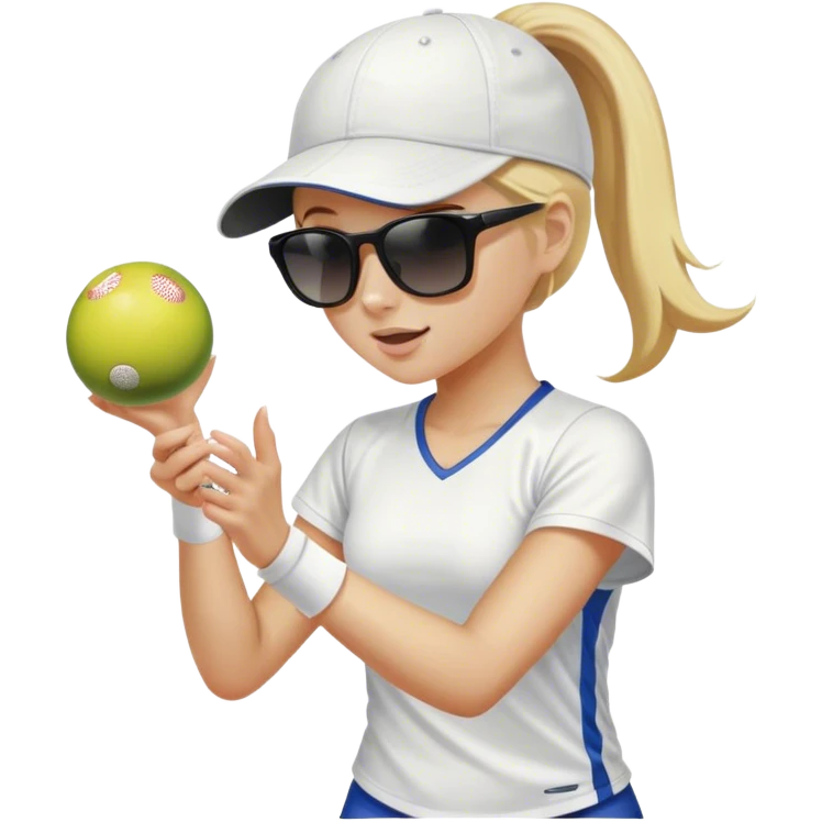 Girl with blond hair in a ponytail wearing a white baseball cap and sunglasses playing pickleball emoji