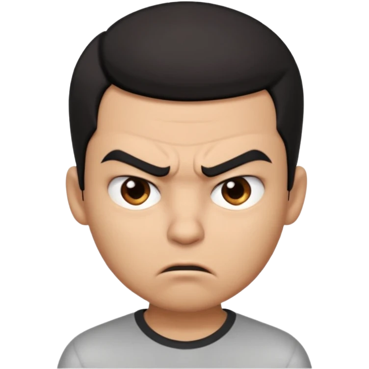 Create a 3D cartoon-style boy character with light brown skin, short straight black hair swept to one side covering part of his forehead, and an angry or annoyed expression. Sharp eyebrows, narrowed eyes, and lips pressed in irritation. emoji