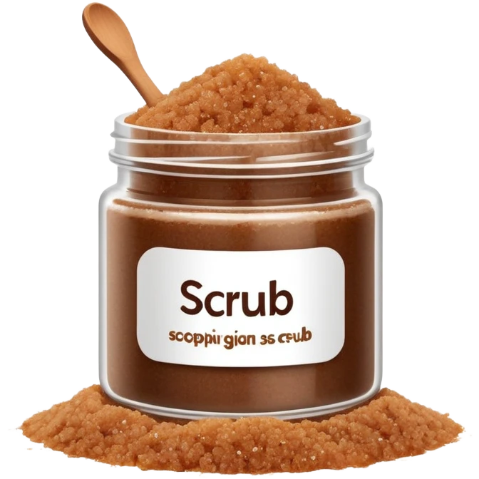 Dark brown sugar body scrub in a white jar with the inscription scrub emoji