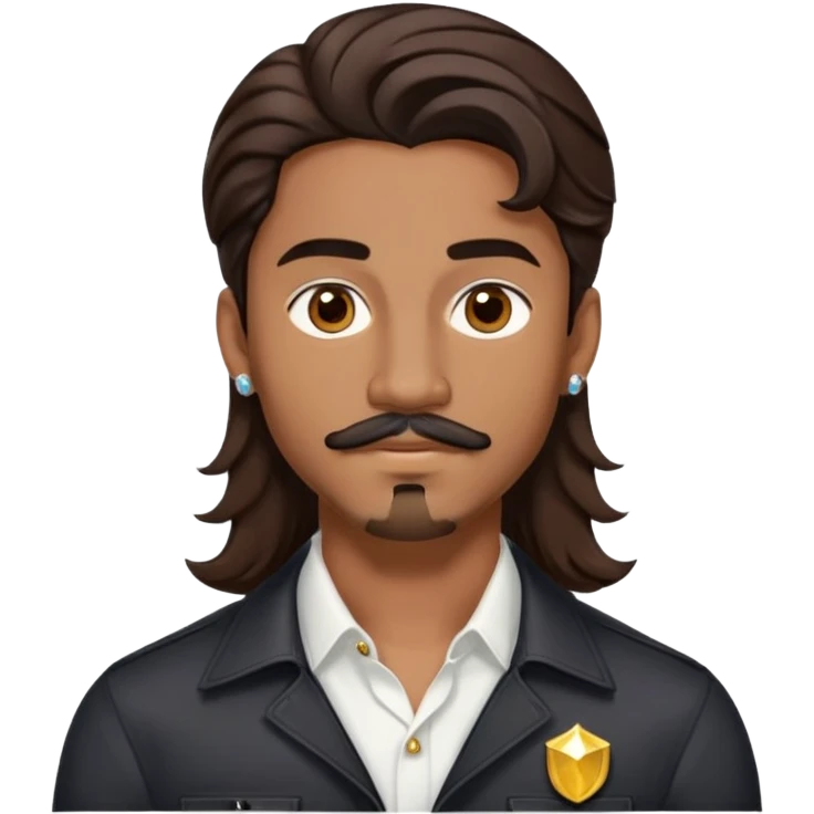 Young man with medium brown skin, mixed-race ethnicity, long wavy dark brown hair with an EXTREMELY PRECISE CENTER PART exactly aligned with the middle of the face, hair parted perfectly symmetrically on both sides, mustache separated from goatee, medium brown eyes, small diamond stud earrings, head only emoji