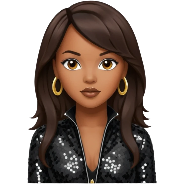 LeToya Luckett with long dark brown hair, black sequin tour outfit  emoji