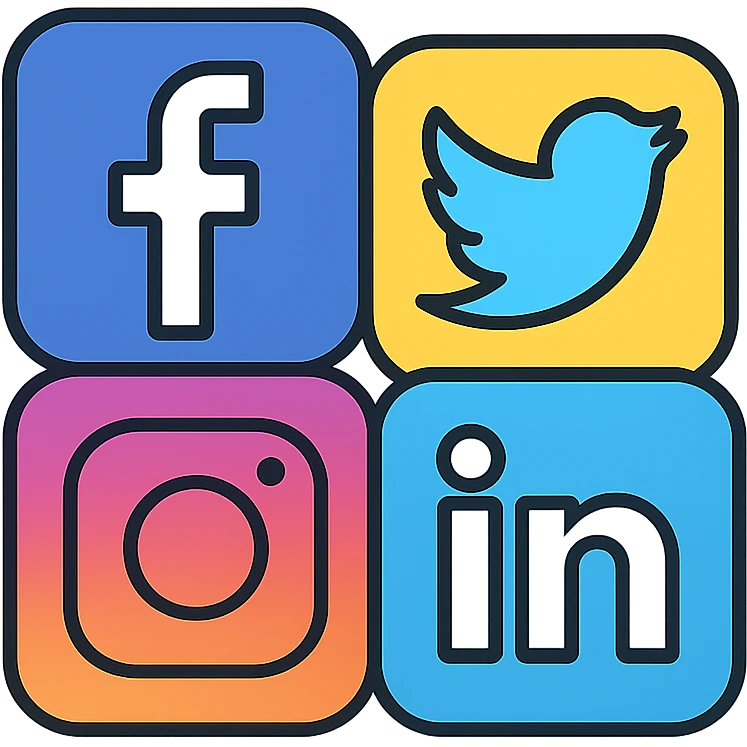 collection of popular social media logos Facebook Twitter Instagram LinkedIn arranged together in a unified icon, minimal color outline style emoji