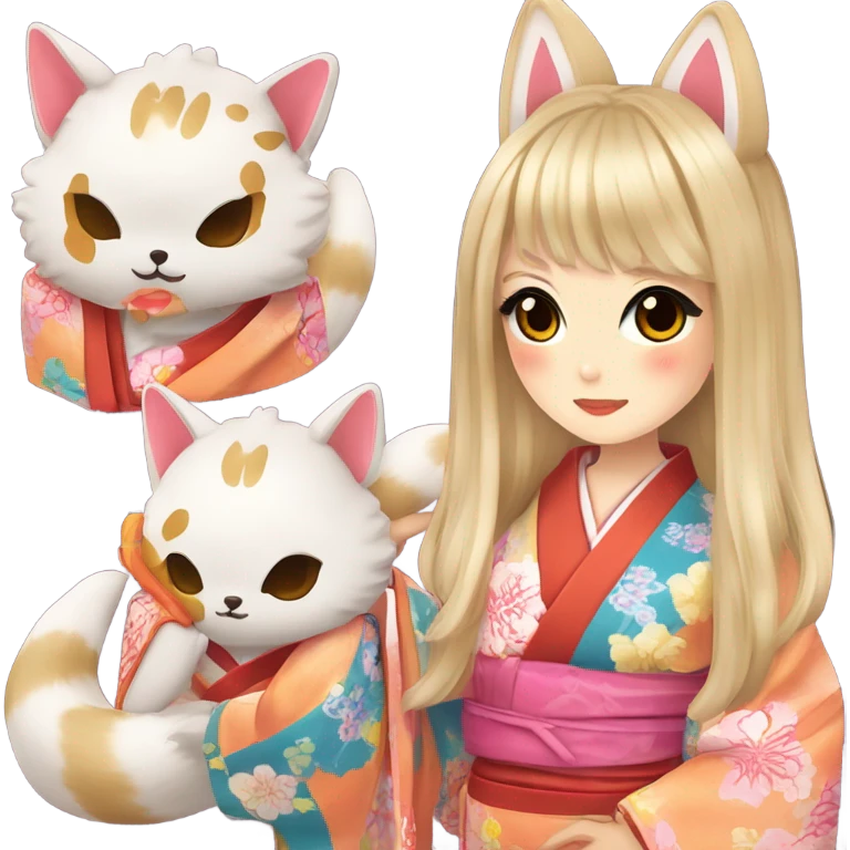 hime gyaru girl, kimono, kitsune mask emoji