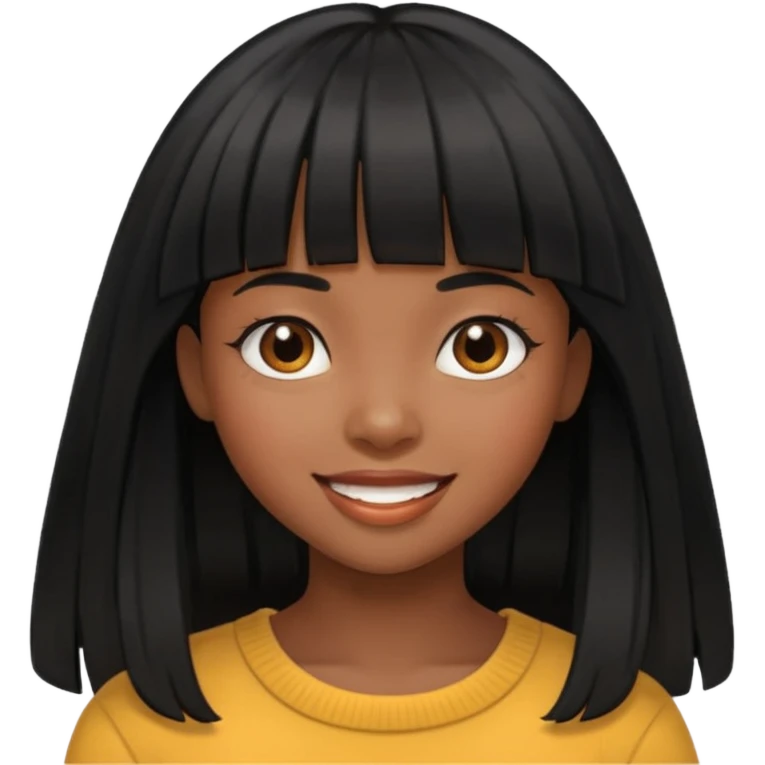 black girl with long black hair with bangs, happy emoji