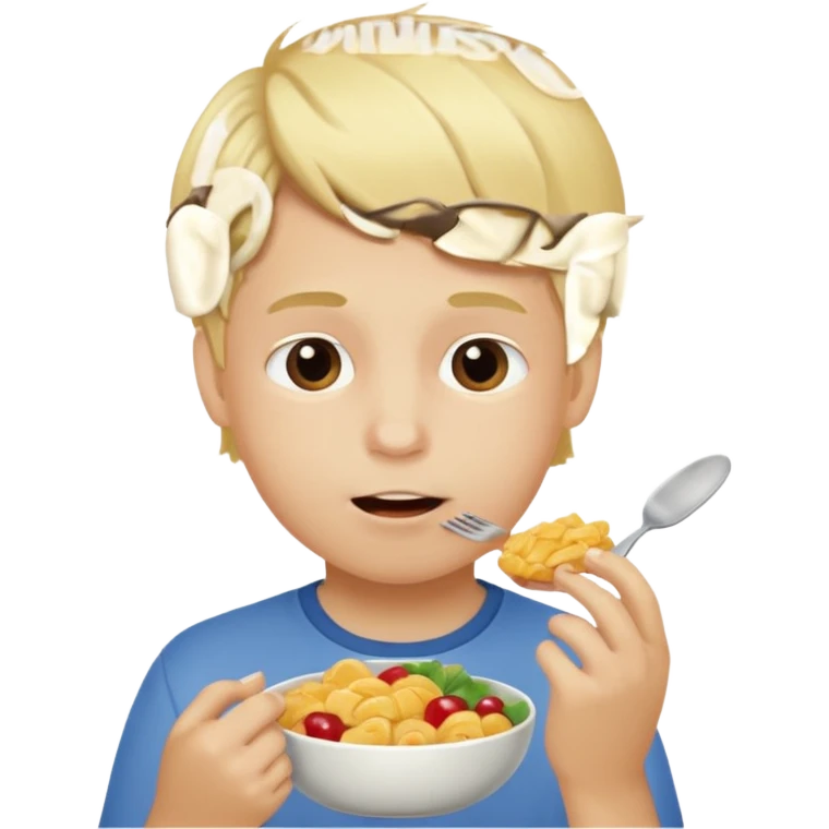 Ребенок мальчик блондин кушает еду emoji