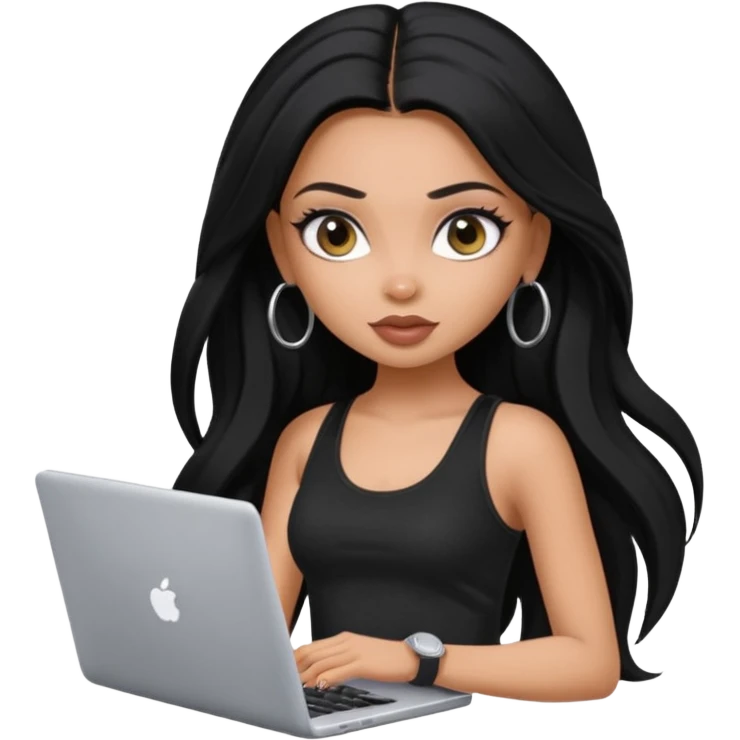 a pretty bratz dusky girl with long black hair, kajal under eyes, small silver hoop. black tank top on. laptop in hand emoji
