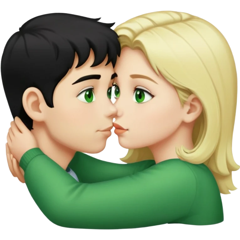 A blonde girl with green eyes kisses a boy with fair skin and black hair with a hairstyle that stands up and green eyes emoji