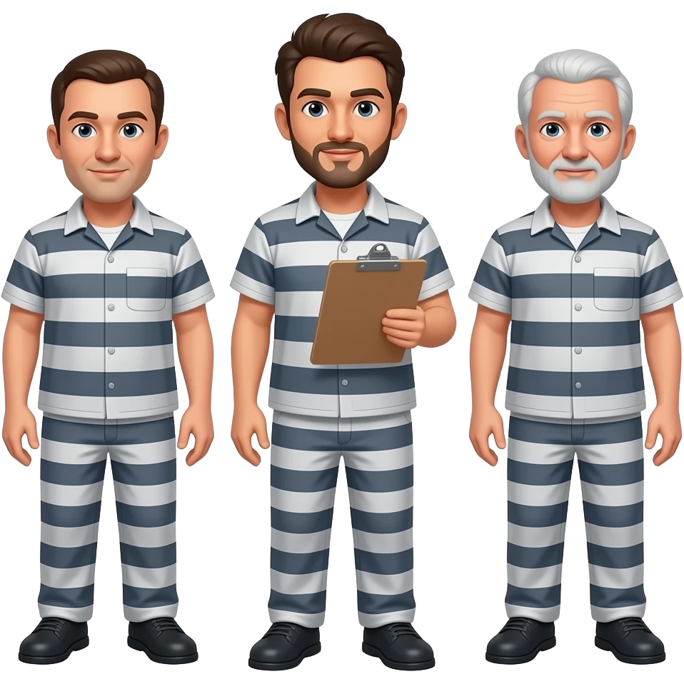 three guys in prison ages 35, 50, 65. no beard. youngest in middle with clipboard emoji