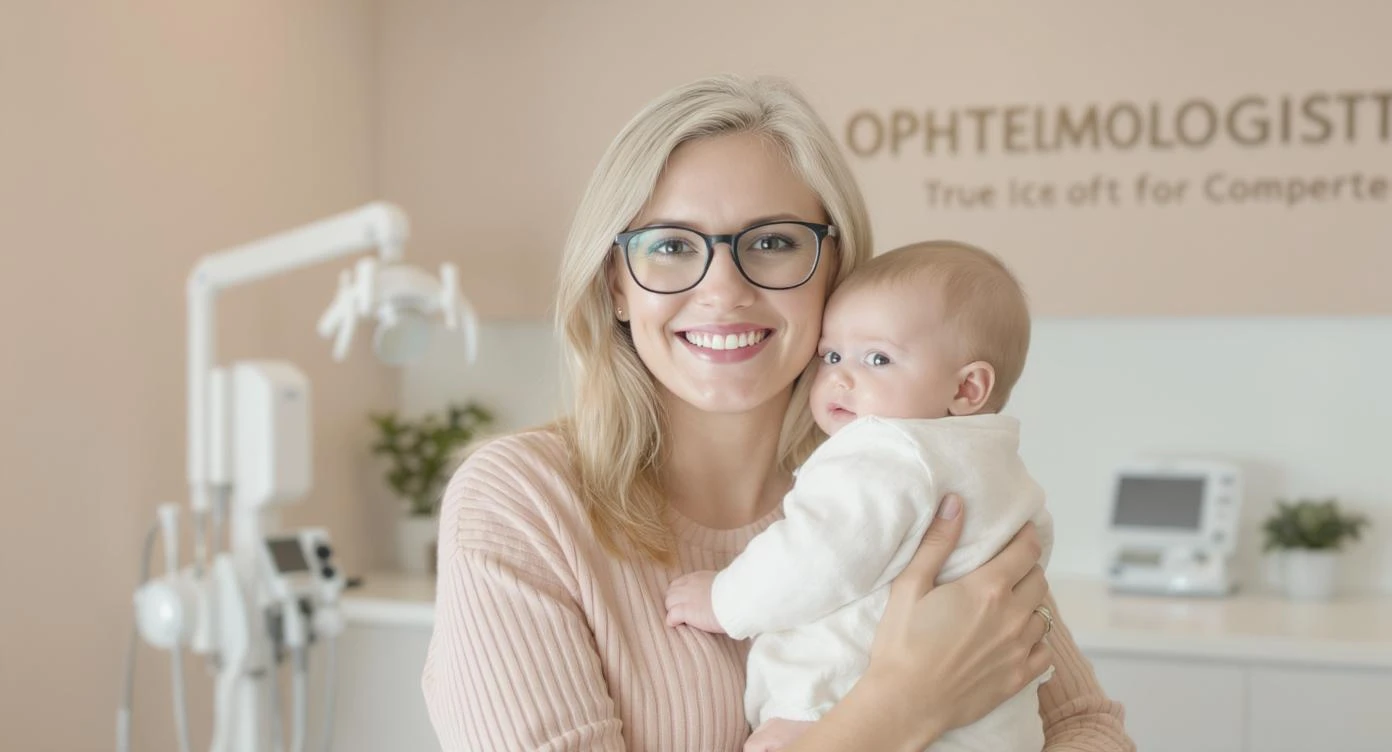 Cinematic still, Proffesional advertising of a smiling european white woman with glasses smiling holding baby, minimalistic ophthalmologist interior in background, leading  lines, "rule of thirds", 60/30/10 colors, soft light, warm colors emoji