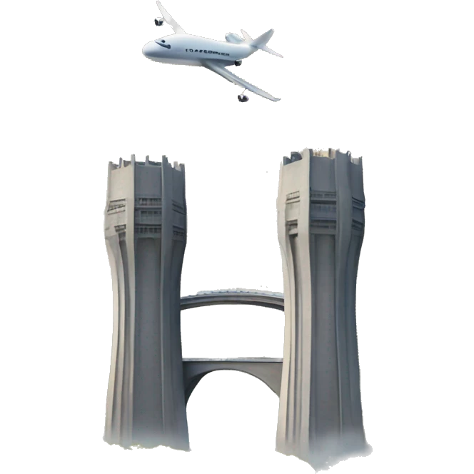 A landscape with a plane and two towers in the background. emoji