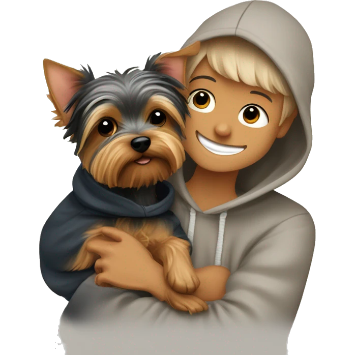 a cute Yorkie terrier boy, snuggling with his owner and the dog is in a hoodie ￼ emoji