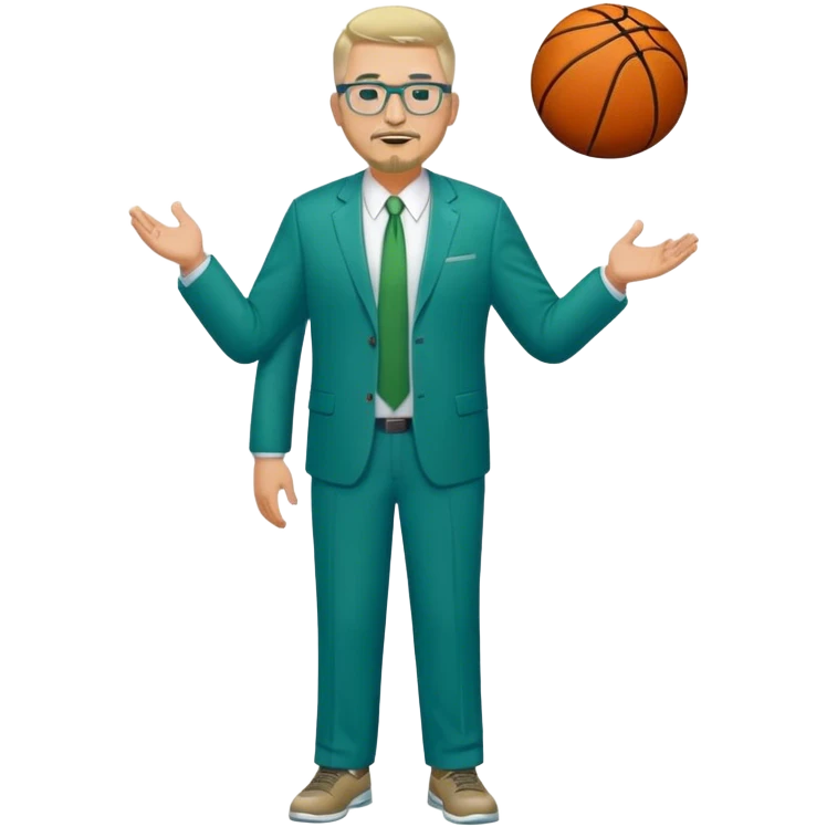 Full Body white male plus size wearing glasses with a goatee with light blonde and gray very short hair happy basketball head Coach in blue and green suit emoji