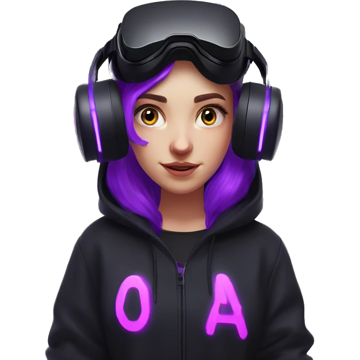 Russian girl wearing black hoody with violet letters "OMG", in vr headset oculus quest2. No eyes on headset. Cyberpunk style. Violet neon. emoji