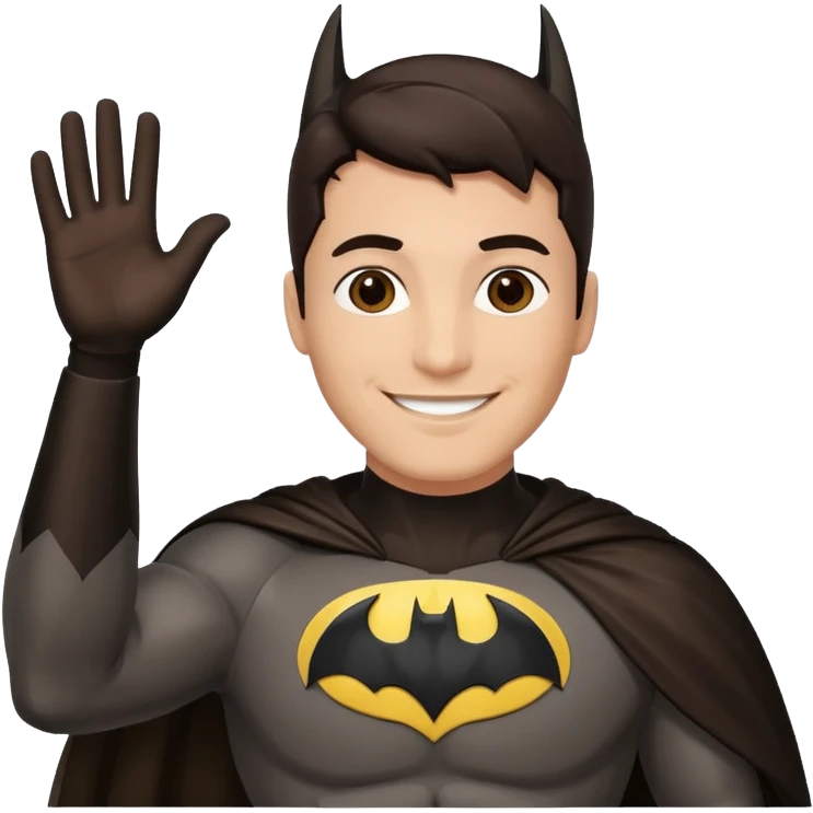Make a man with brown eyes and dark hair in a Batman costume waving "hello" emoji