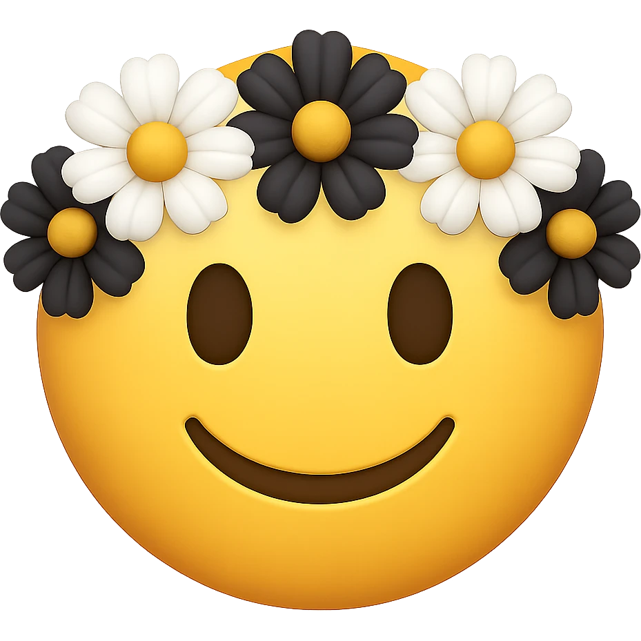 yellow face with white and black flower crown emoji, digital illustration, remove background emoji