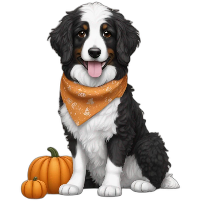 mostly black and white aussie doodle with a pumpkin and fall bandana emoji