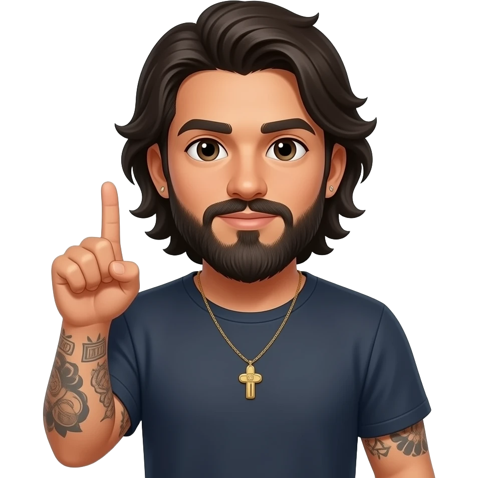 Kawaii style Handsome Latino, man with medium length hair and tattoos with a long beard saying nope emoji