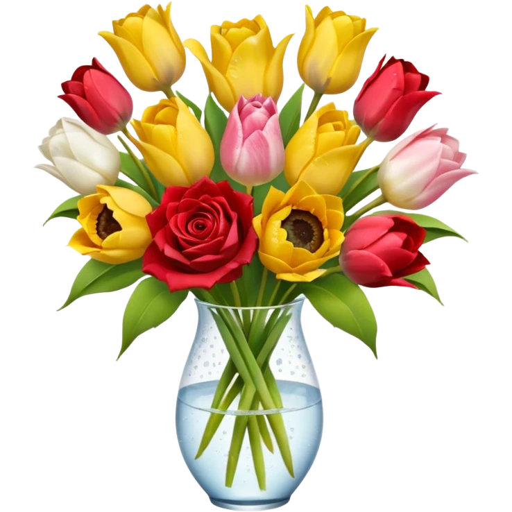 A mix bouquet of red, yellow and white roses, Sunflowers and white and pink Tulips emoji