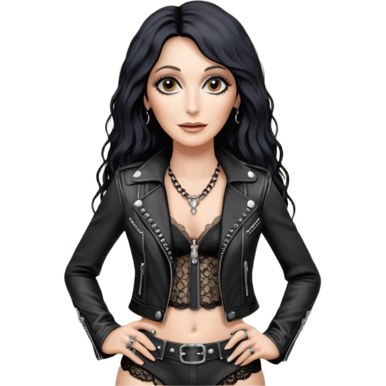 realistic cinematic singer Cher in a typical rocker's attractive outfit with leather and lace, half-naked as in the video If I Could Turn Back Time emoji