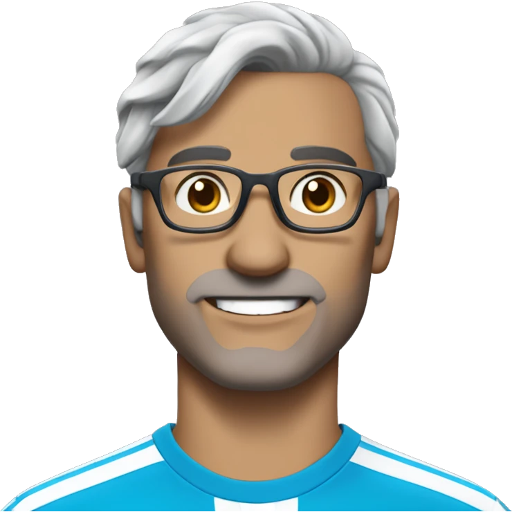 a man with medium long dark grey hair, glasses, an olympique de marseille shirt, skinny face but handsome emoji