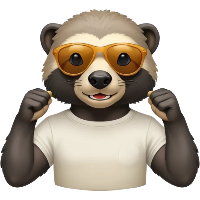 friendly anthropomorphised honey badger head and neck wearing sunglasses, top of t-shirt visible emoji
