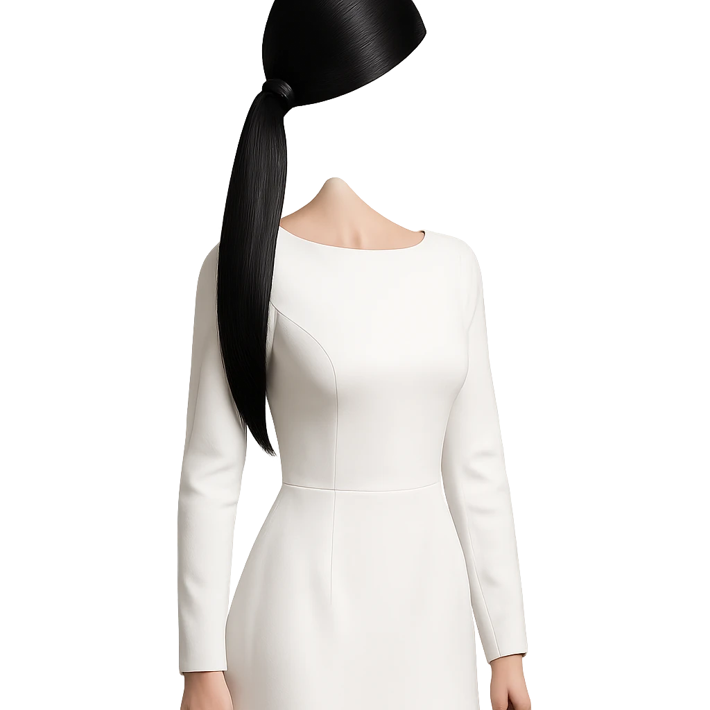 black sleek ponytail, no head, white dress with long sleeves, elegant and simple emoji