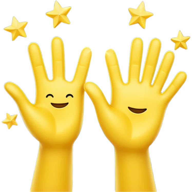 A 3D digital emoji of two yellow cartoon hands doing a joyful high five, palms clapping together in the air, with bright sparkles and motion lines to show excitement and celebration, Apple emoji style emoji