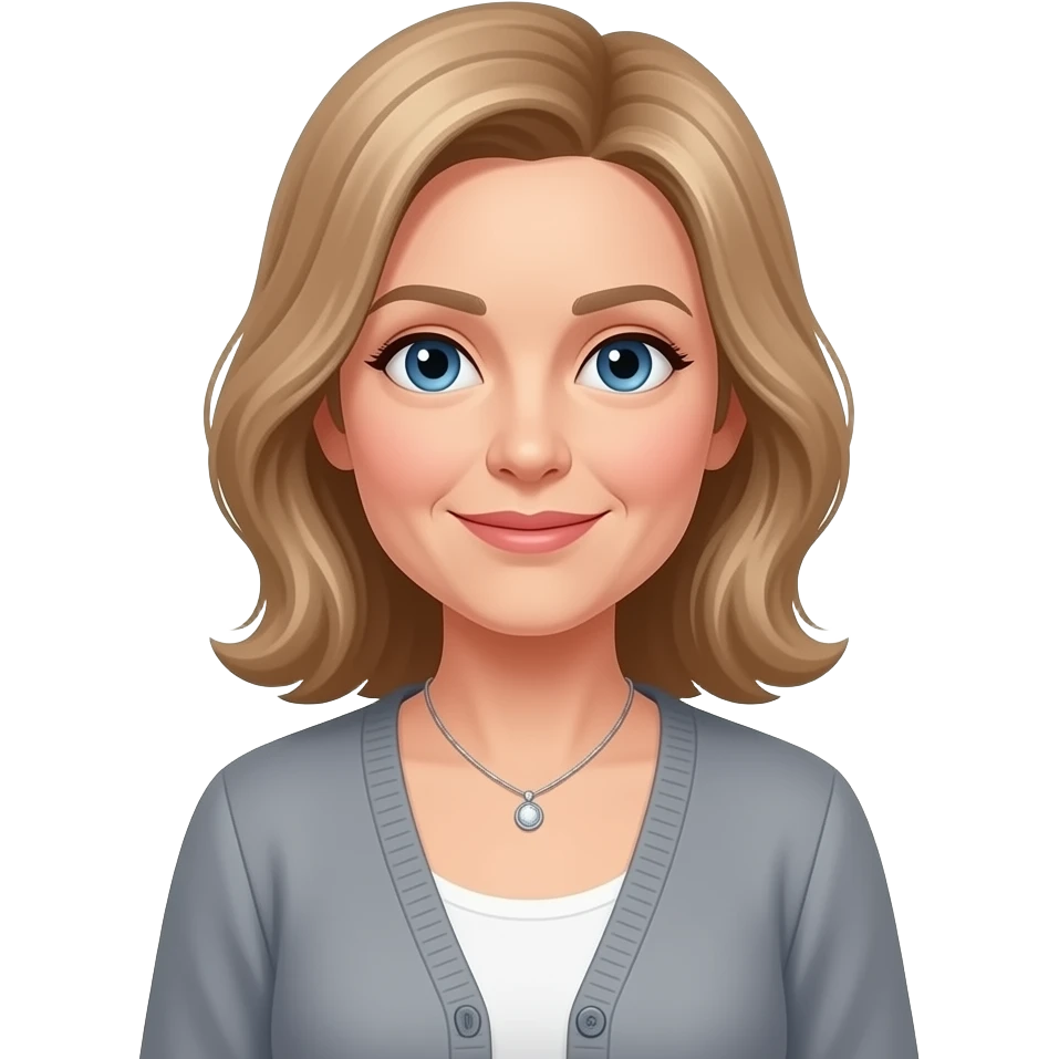 Blue eyes, fair skin, longer blonde/brown hair, middle aged women, cardigan, grey top,small necklace emoji