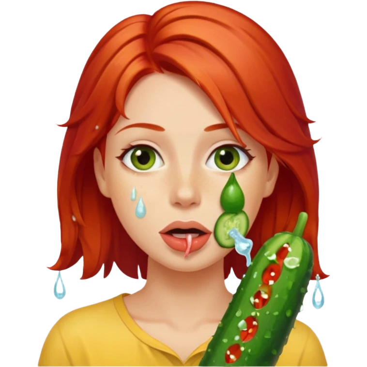 A hand rubs a wet wet cucumber and a tongue licks it off the have red hair she got the cucumber in her mouth emoji