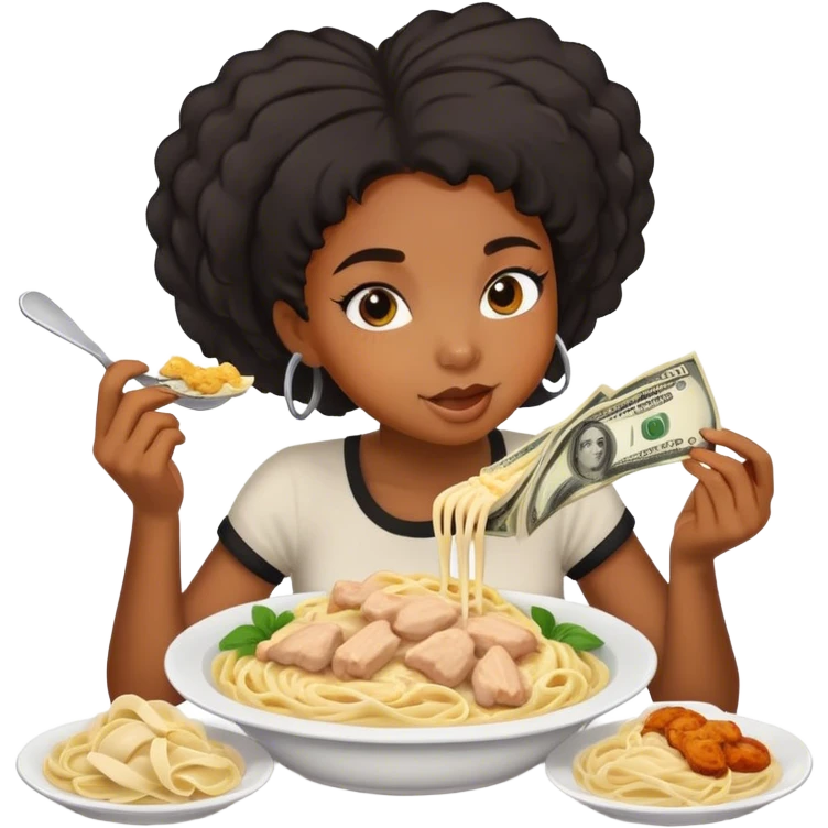 black girl eating chicken alfredo with money around her emoji