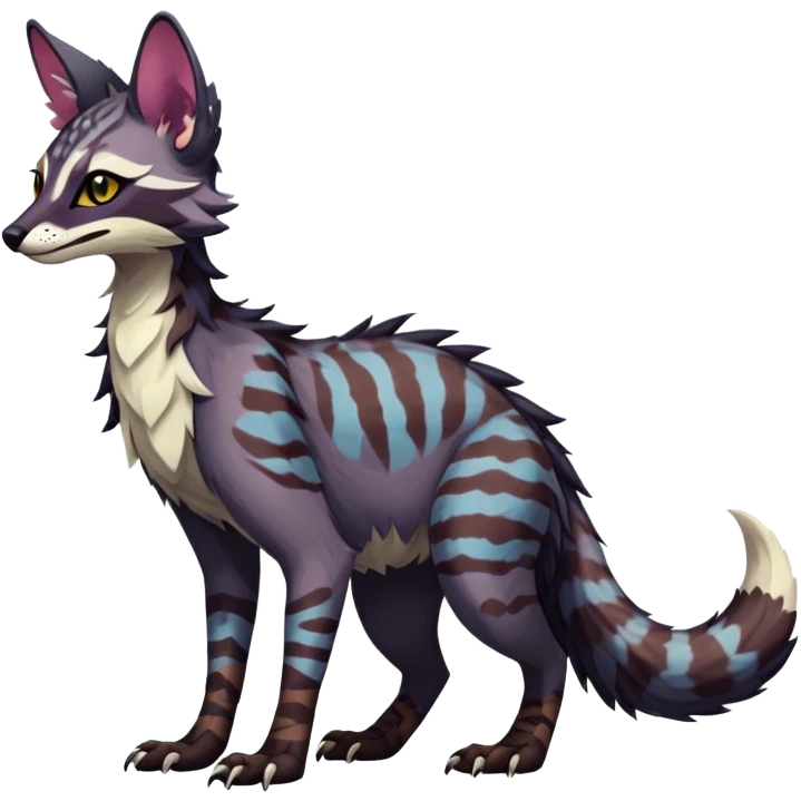 Feral Rare Fantasy dark colorful Vernid-Sergal-Genet-Trico-species by LiLaiRa, random markings, tufted tail, tufted ears, full body emoji