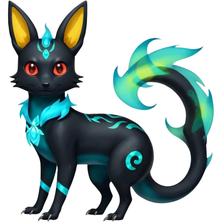 Shiny Fiery Ethereal Eldritch Cool Edgy Badass Punky Aural Iridescent Fluorescent Bioluminescent Umbreon-Amaura-Salandit-Litten-Flareon-Fakémon-fusion (full body)  emoji