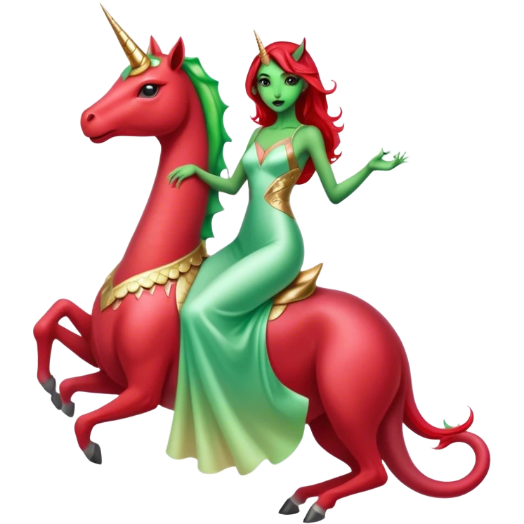 reptilian green alien woman, in long slim pastel red formal party satin dress with gradient shiny sparkling dark red, rides unicorn gold and white
 emoji