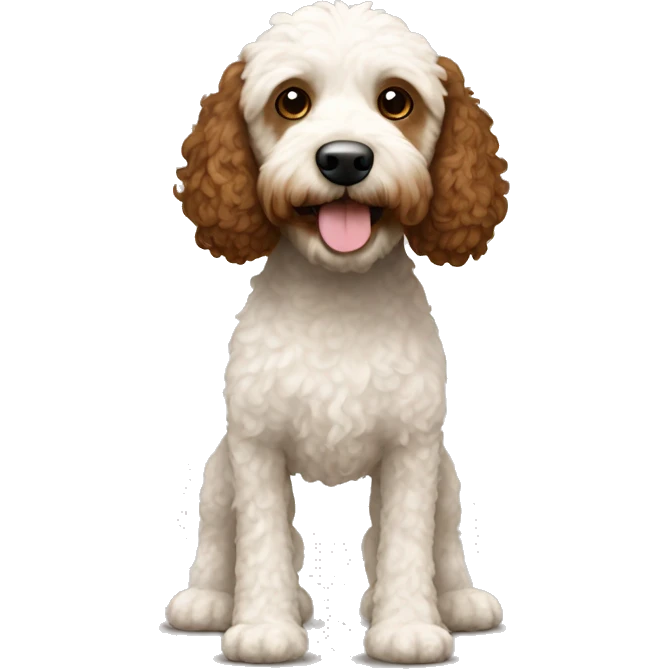 A spoodle with a brown head and brown and white patches on body emoji