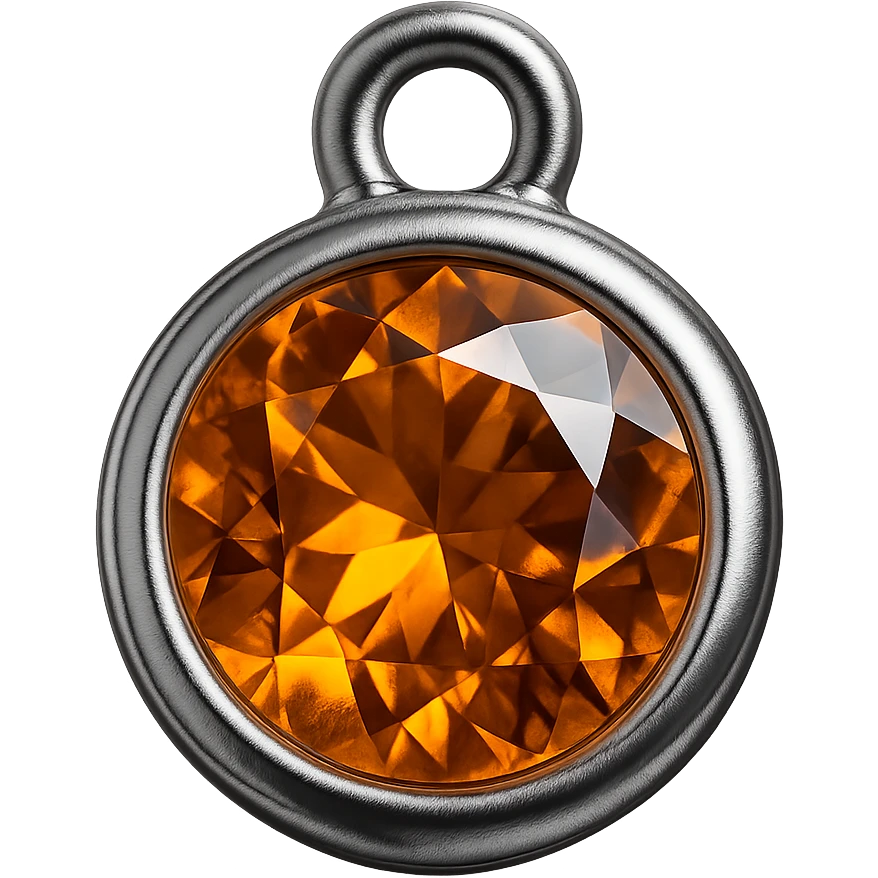 extreme close up of a round cut holographic amber charm with silver metal accent emoji