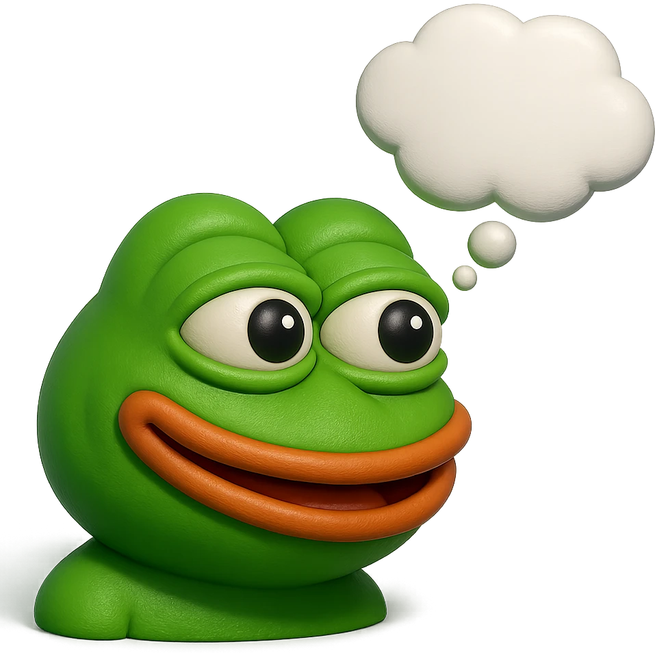 make a pepe in bright green smiling with thought bubble looking at left side in 3d style, good highlights and shadows, drop shadows emoji